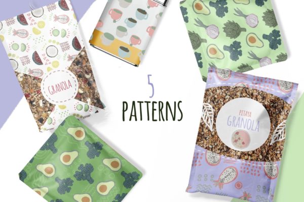 手绘食物图案食品包装图案矢量背景素材 Hand-drawn naive simple food patterns