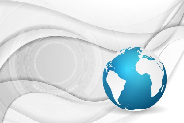 HUD元素灰色波纹＆蓝色球体科技主题矢量背景图素材 Grey smooth waves with HUD elements and blue globe