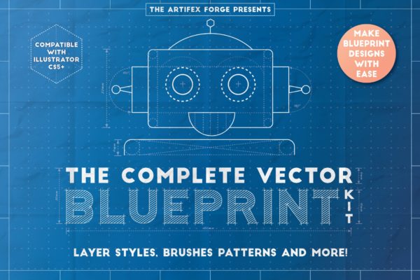 图纸设计一键添加网格＆蓝图背景板AI模板 The Complete Vector Blueprint Kit