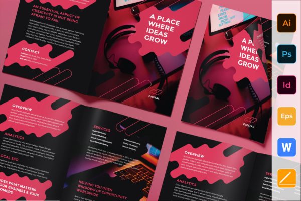 数字广告代理商对折页宣传单设计模板 Digital Advertising Agency Brochure Bifold