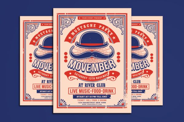 英国大胡子月派对活动海报传单蚂蚁素材精选PSD模板 Movember Moustache Party Flyer