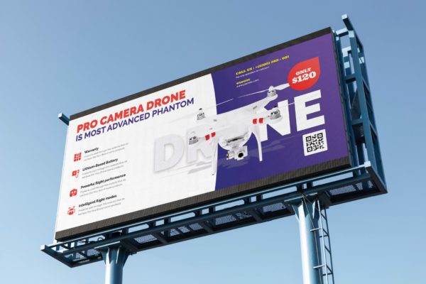 无人机产品展示高速公路广告牌PSD模板 Drone Product Showcase Billboard PSD Template