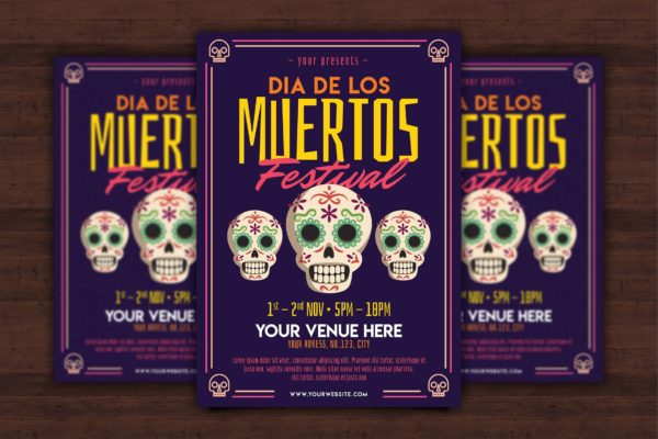 墨西哥亡灵节庆祝活动海报传单蚂蚁素材精选PSD模板 Dia de los Muertos Flyer