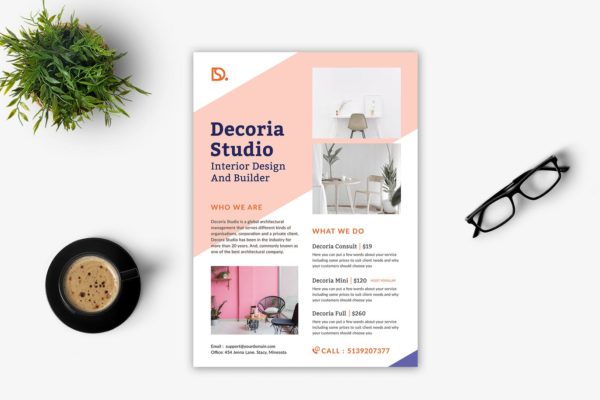 室内装饰设计公司宣传单设计模板 Decoria Interior Flyer
