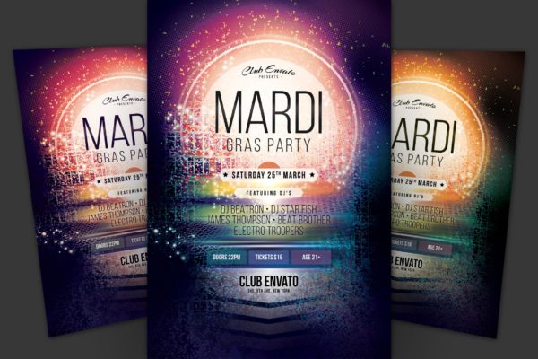狂欢节庆祝活动海报传单第一素材精选PSD模板 Mardi Gras Party Flyer