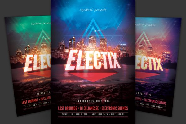 城市音乐舞蹈狂欢活动海报传单第一素材精选PSD模板 Electix Flyer