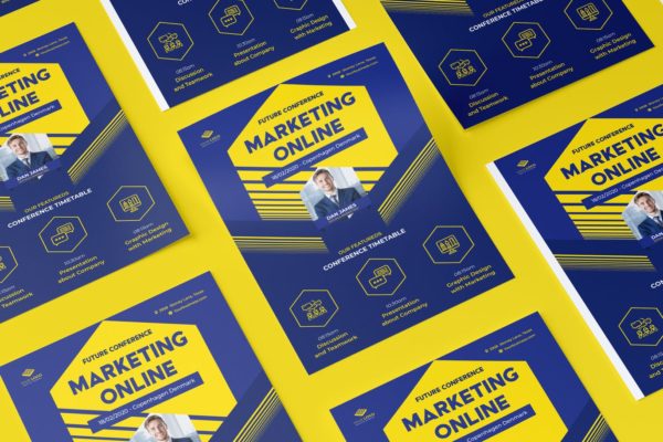 活动/会议/讲座主题黄蓝配色传单设计模板 Event Conference Flyer Illustrator Template