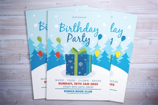 生日会生日派对海报传单蚂蚁素材精选PSD模板 Winter Birthday Flyer