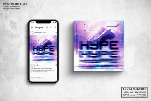 音乐俱乐部传单&社交广告图设计模板 Hype Music Square Flyer & Social Media Post
