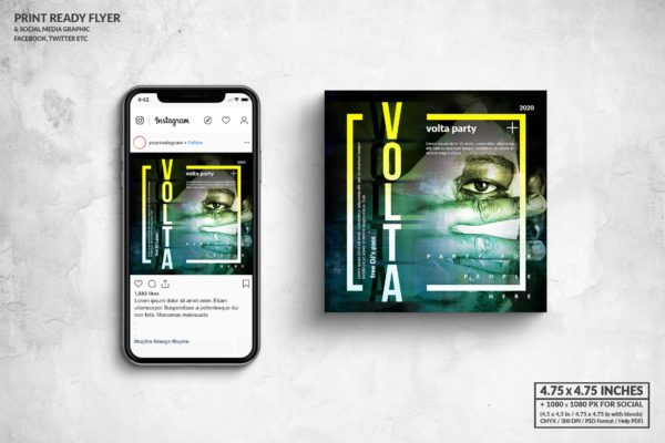 音乐先锋活动传单&社交广告图设计模板 Volta Music Square Flyer & Social Media Post