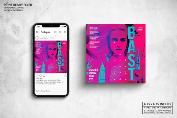 流行音乐节/活动派对宣传单&社交广告设计模板 Bastion Music Party Square Flyer & Social Media