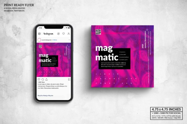 彩色岩浆风格音乐主题传单&社交广告图设计模板 Magmatic Music Square Flyer & Social Media Post