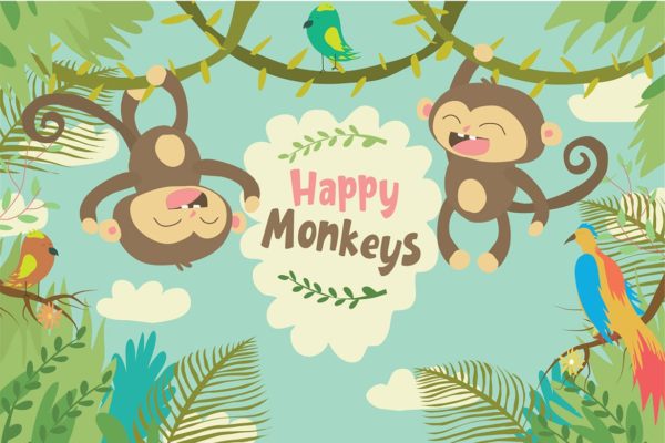 可爱的猴子手绘插画矢量图案素材 Happy Monkeys – Vector Illustration