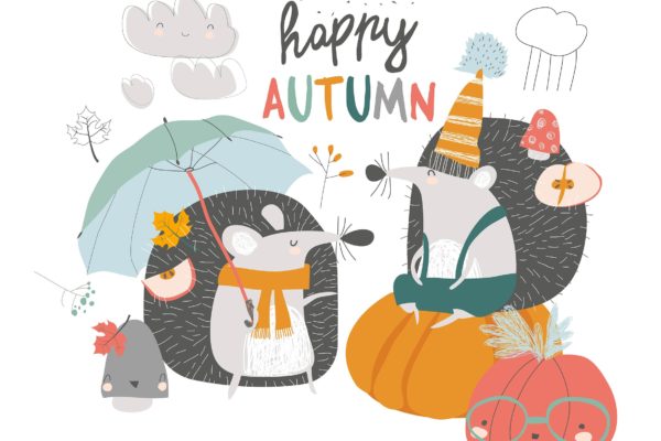 可爱秋日刺猬&南瓜手绘矢量插画第一素材精选设计素材 Cute autumn Hedgehogs with umbrella and pumpkins.