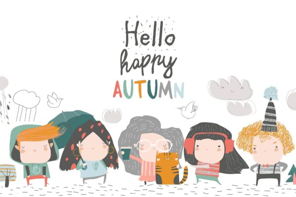 秋天可爱卡通人物形象蚂蚁素材精选手绘插画矢量素材 Cute children meeting autumn wearing warm clothes.