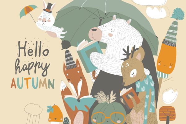 可爱的动物阅读场景蚂蚁素材精选手绘插画矢量素材 Funny animals read books under umbrella. Autumn ti