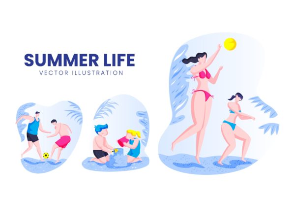 夏季生活人物形象第一素材精选手绘插画矢量素材 Summer Life Activity Vector Character Set