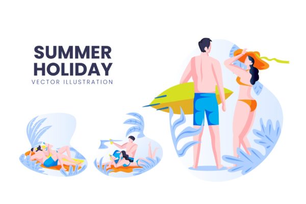 海滩度假主题人物形象第一素材精选手绘插画矢量素材 Summer Holiday Vector Character Set