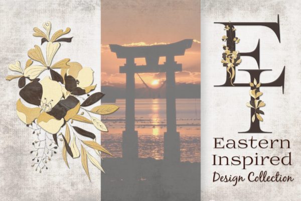东方特色黑金配色风格字母&花卉手绘剪贴画蚂蚁素材精选PNG素材 Black and Gold Eastern Design Set