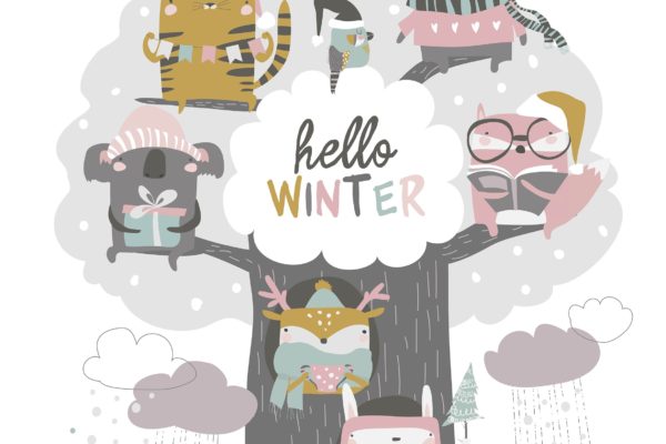 卡通动物&树手绘矢量插画蚂蚁素材精选素材 Cute animals sit on winter tree on white backgroun