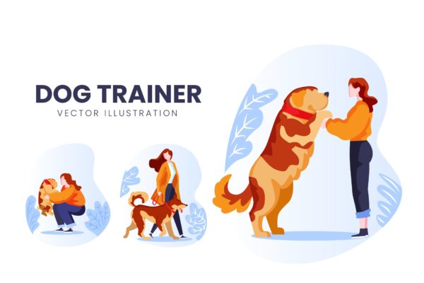 训犬员人物形象第一素材精选手绘插画矢量素材 Dog Trainer Vector Character Set