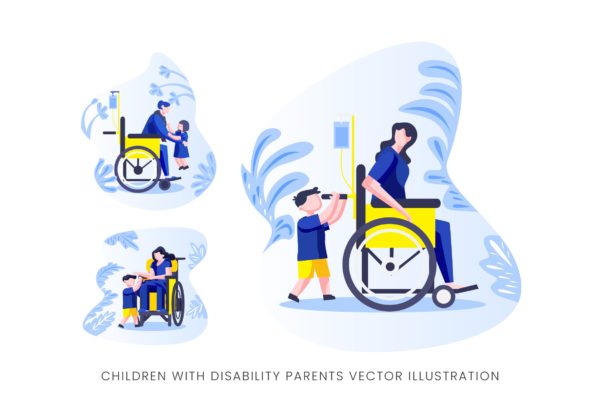 伤残人士与儿童人物形象蚂蚁素材精选手绘插画矢量素材 Children With Disability Parents Vector Character