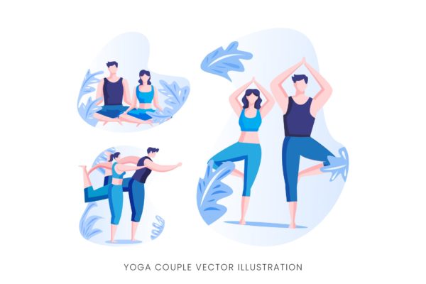 瑜珈情侣人物形象矢量手绘蚂蚁素材精选设计素材 Yoga Couple Vector Character Set