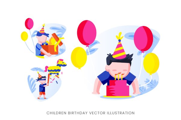 儿童生日派对人物形象第一素材精选手绘插画矢量素材 Children Birthday Party Vector Character Set
