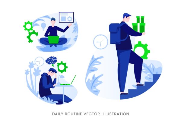每日例行任务执行人物形象蚂蚁素材精选手绘插画矢量素材 Daily Routine Vector Character Set