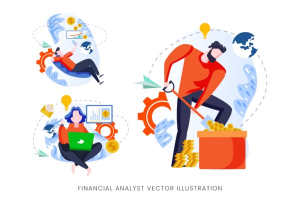 金融分析师人物形象蚂蚁素材精选手绘插画矢量素材 Financial Analyst Vector Character Set