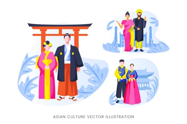 亚洲文化人物形象第一素材精选手绘插画矢量素材 Asian Culture Vector Character Set