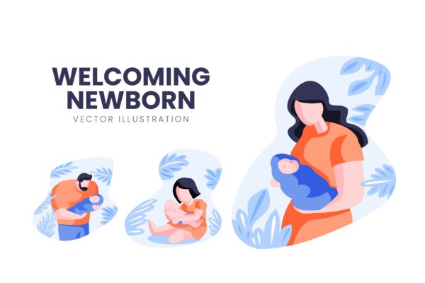 迎接降生新生儿人物形象蚂蚁素材精选手绘插画矢量素材 Welcoming Newborn Vector Character Set