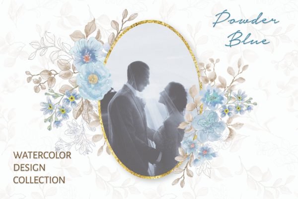 粉蓝色水彩手绘花卉剪贴画PNG第一素材精选设计素材 Powder Blue Watercolor Design Collection