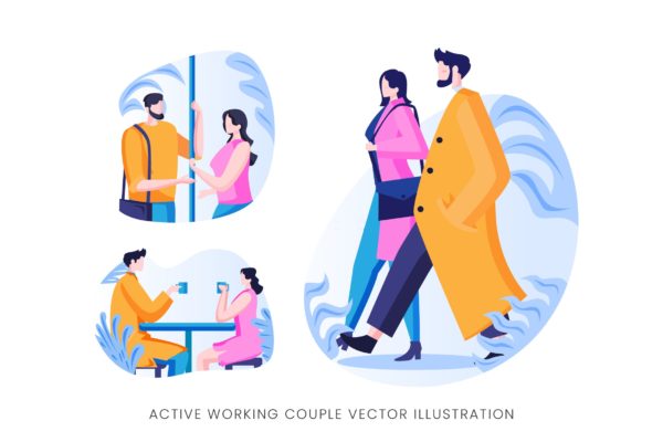 工作伴侣人物形象蚂蚁素材精选手绘插画矢量蚂蚁素材精选设计素材 Active Working Couple Vector Character Set