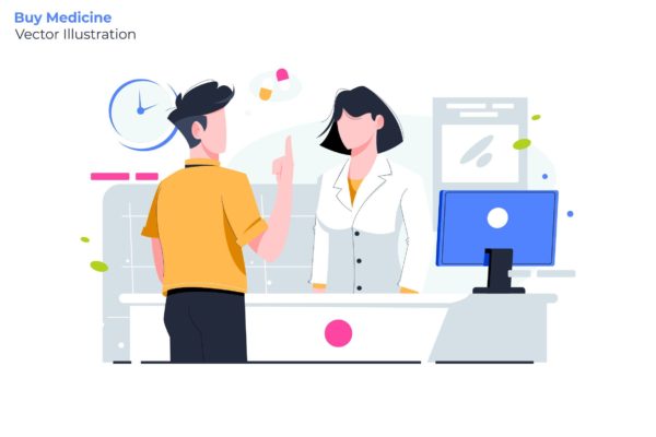 药物零售主题矢量插画第一素材精选素材 Buy Medicine – Vector Illustration