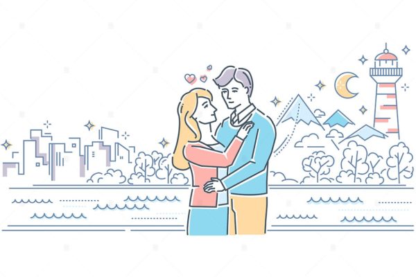 线条设计风格浪漫约会爱情主题矢量插画第一素材精选 Romantic date – line design style illustration