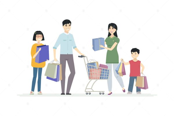 中国家庭购物卡通人物形象矢量第一素材精选设计素材 Chinese family doing shopping – illustration
