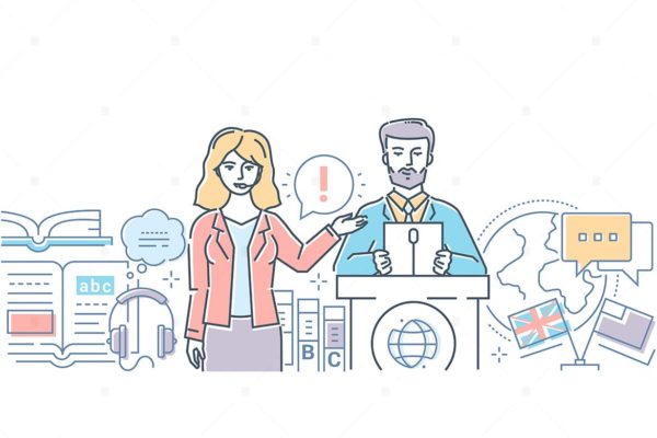 现场翻译主题线条设计风格矢量插画蚂蚁素材精选 Translation – modern line design style web banner