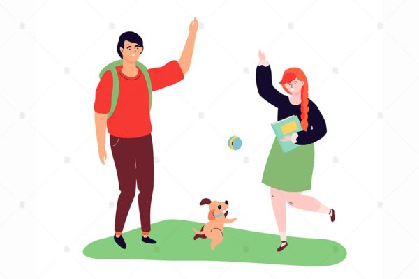 遛狗之人主题扁平设计风格矢量插画蚂蚁素材精选 Teenagers playing with a dog – flat illustration
