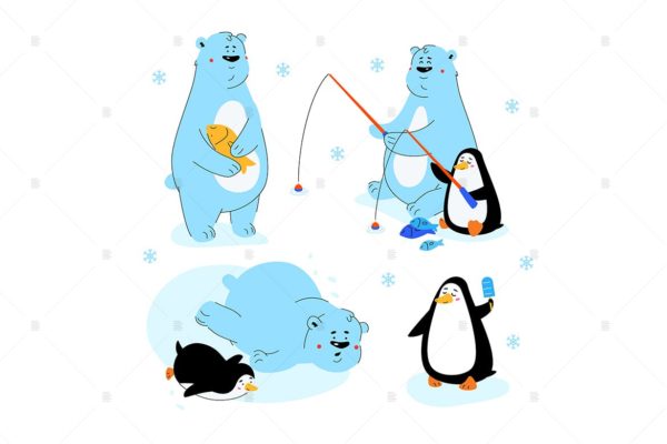 北极熊和企鹅-扁平设计风格卡通形象矢量素材 Polar bear and penguin – flat design characters