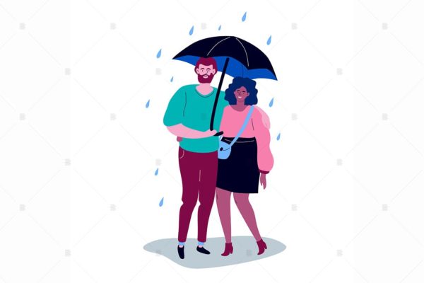 雨中情侣扁平设计风格矢量插画蚂蚁素材精选素材 Couple on a date – flat design style characters