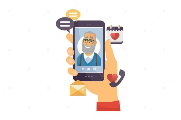 手机来电视频通话彩色矢量插画蚂蚁素材精选 Grandfather calling – colorful illustration