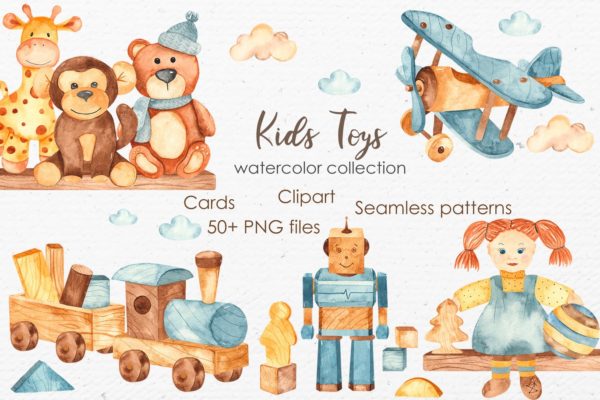 儿童玩具水彩画剪贴画/卡片/图案素材包 Watercolor kids toys. Clipart, cards, patterns