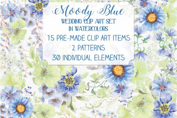 忧郁蓝水彩手绘花卉蚂蚁素材精选设计素材 “Moody Blue” Watercolor Bundle