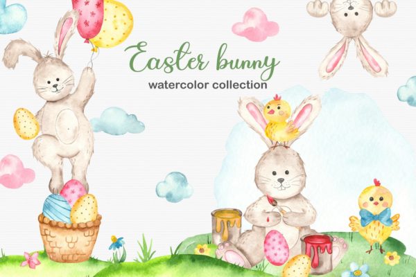复活节兔子水彩手绘素材套装 Watercolor Easter Bunny collection