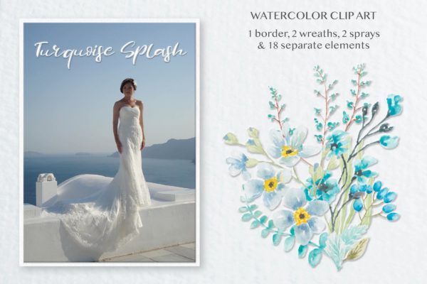 海洋天空色彩水彩手绘绘画剪贴画素材包 Turquoise Splash: Watercolor Clip Art Set
