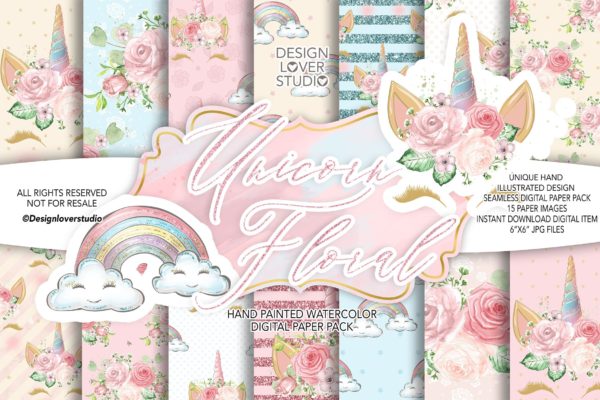 独角兽花卉图案数码纸张背景素材 Unicorn Faces Floral digital paper pack