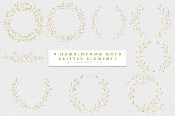 9款粉金色彩手绘有机植物图案剪贴画v3 Gold-3 Glitter Hand Drawn Elements