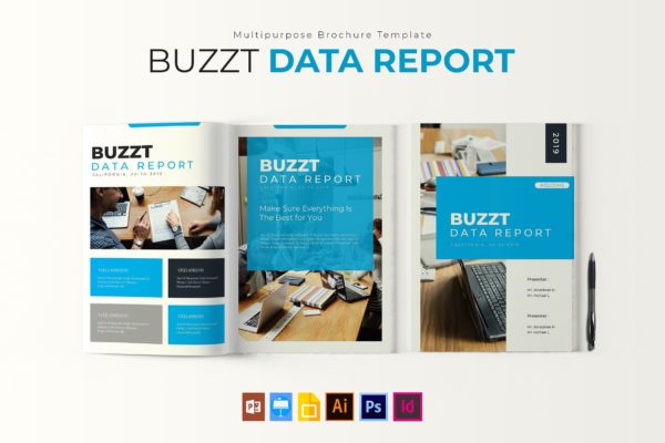 蓝色主题风格数据统计分析报告设计模板 Buzzt Data Report | Brochure Template