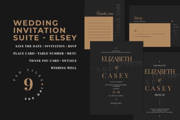 高端酷黑设计风格婚礼邀请设计套件 Wedding Invitation Suite – ELSEY
